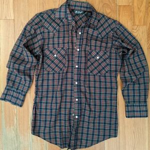 Vintage BDF Western Shirt Pearl Snaps Blue Red Green Plaid Pattern Mens Small